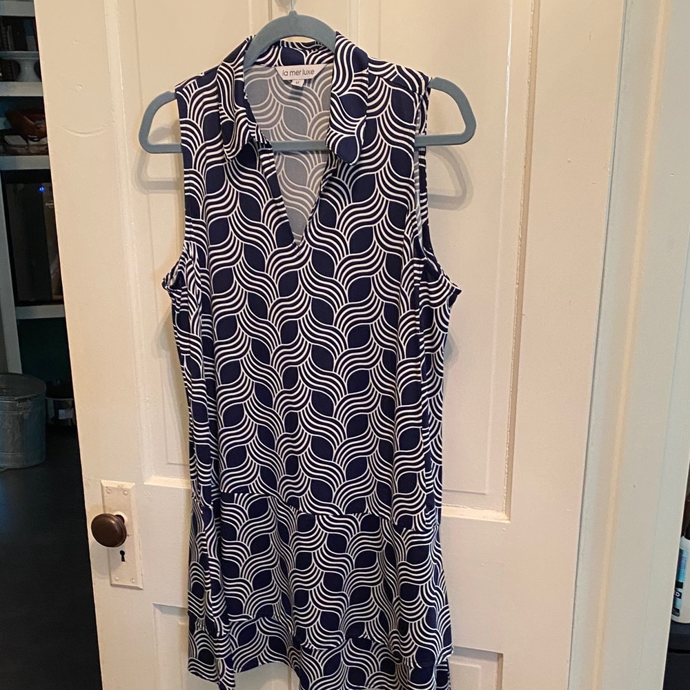Navy and White Patterned Sleeveless dress